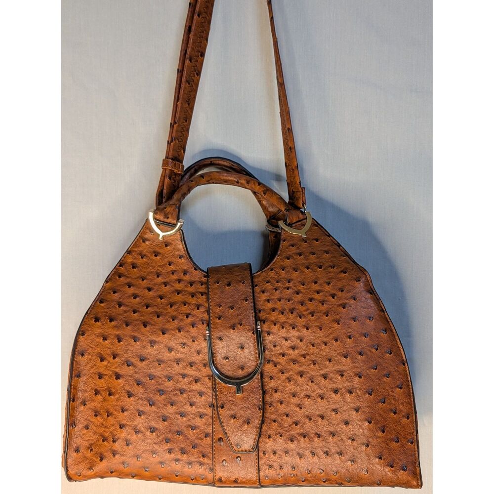 Brown Faux Ostrich Embossed Satchel Shoulder Bag Double Handle Multi Compartment
